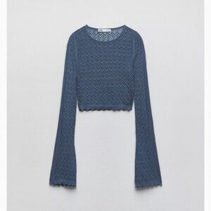 Zara Blue Textured Long Sleeve Crop Top